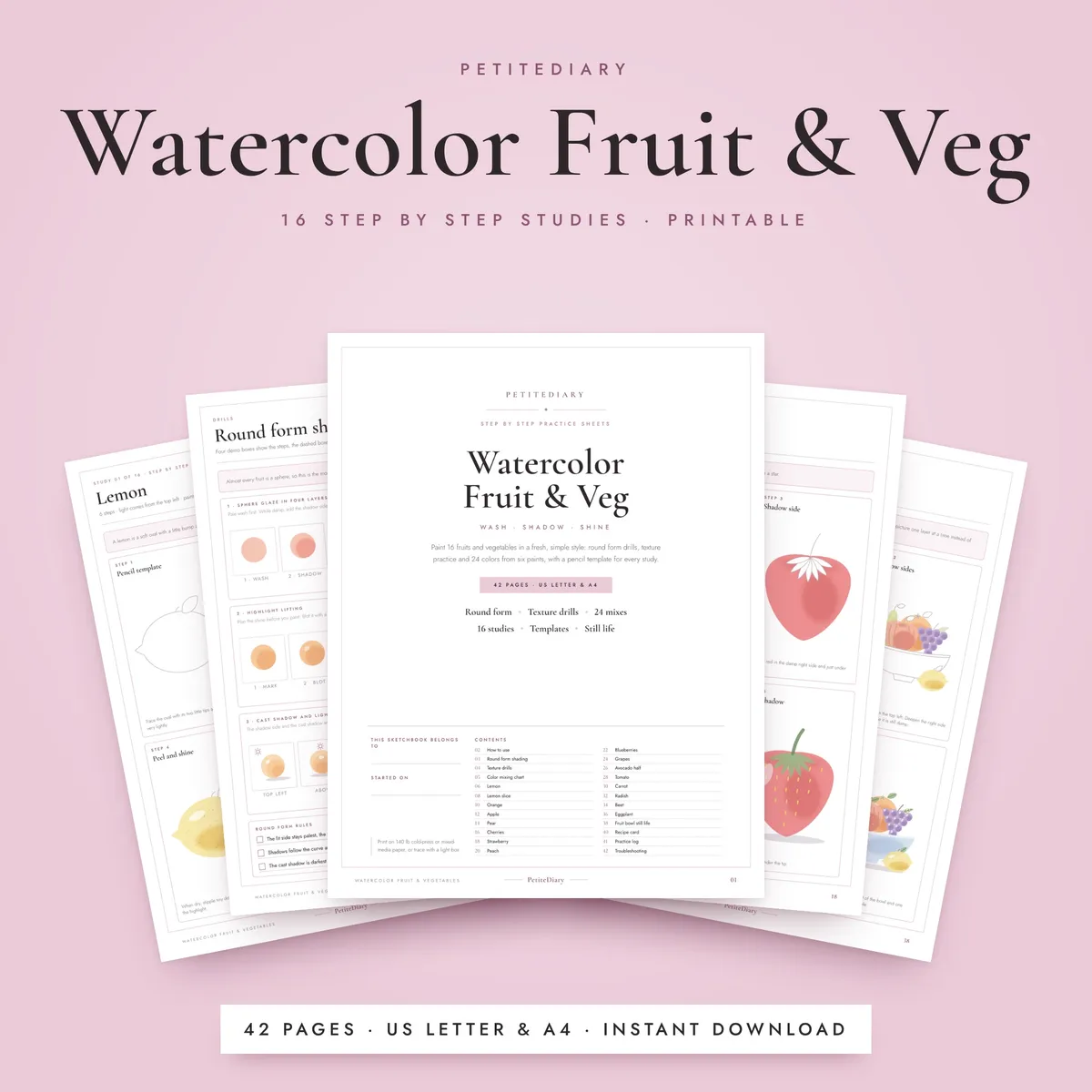 Watercolor Fruit & Vegetables Practice Sheets